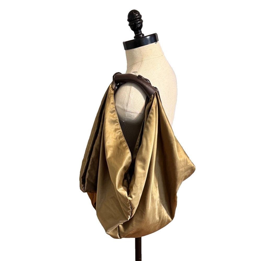 Monserat De Lucca Hobo Shoulder Bag Green/Gold Satin Leather Handle Fringe +